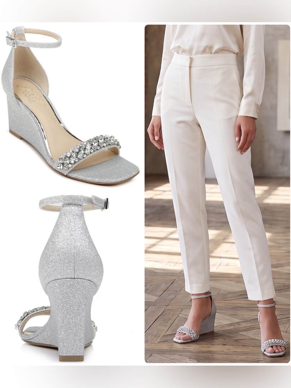 Jewel Badgley Mischka Peggy Silver Glitter Jeweled Wedge Sandals Shoes NWOB $149